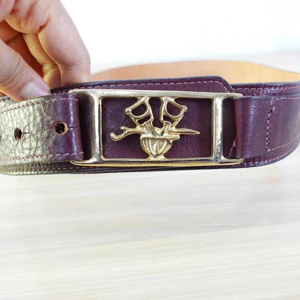 90s VINTAGE Talbots Belt Womens Medium Leather Gold Dress Western Logo Holiday